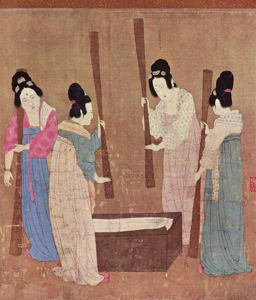 Pintura china antigua que representa el batido de la seda.